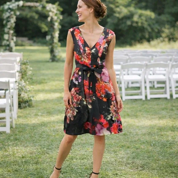 Adriana Papell Spring Satin Floral Dress (12) Elegant Sleeveless Wedding Guest - Picture 1 of 16